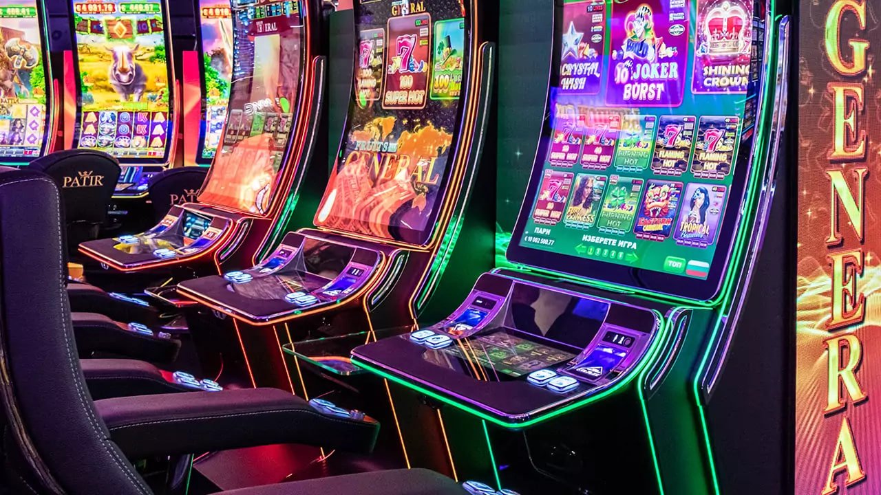幾臺大型電子遊戲老虎機（slot machines）整齊排列，機身以黑色為主，配有霓虹燈光邊框（綠色、紅色、紫色），整體科技感和炫酷感很強。