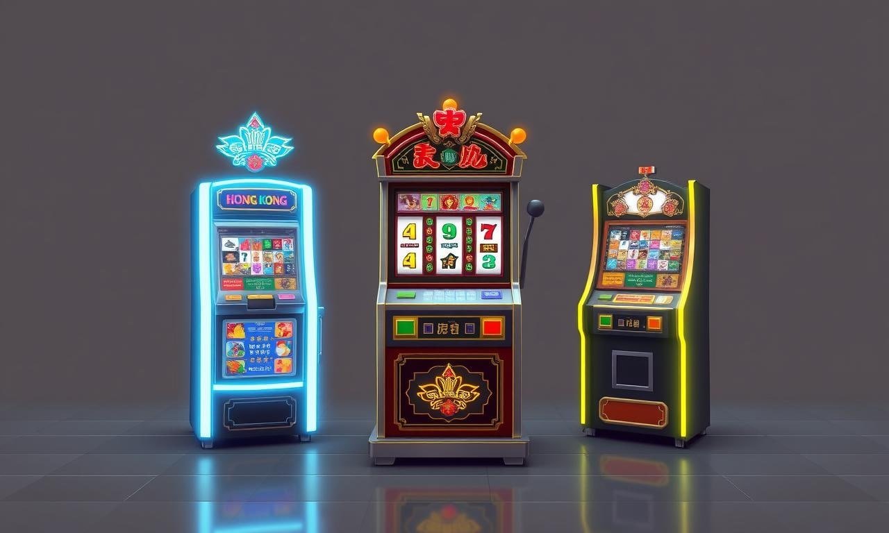 三台造型獨特的老虎機並排擺放，中間一台為經典拉霸機設計，左右兩側為現代電子式老虎機，機台標示有「香港」、「水果機」、「中獎」等中文字，背景為簡潔灰色牆面，地板光滑反射，展現賭場氛圍與遊戲機台的多樣風格。